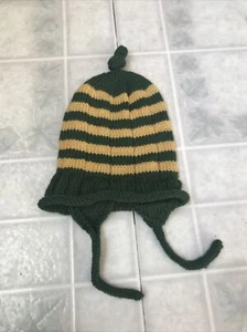 Hand Knit Hat Cap With ear flaps Toddler Wool Green Gold Stripe 6 mth - 2 year - Picture 1 of 3