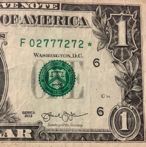 2013 One Dollar Star Note ☆ F 02777272 ☆ Trinary Lucky 7s Fancy Serial Number - Picture 1 of 5