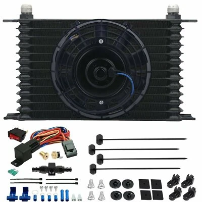 13 ROW ENGINE TRANSMISSION OIL COOLER ELECTRIC FAN 8AN IN-LINE 180'F SWITCH KIT - Image 1 of 4