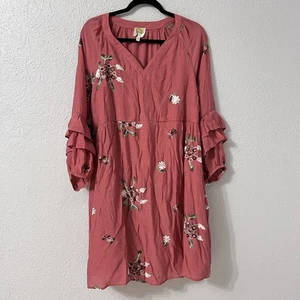 Fig and Flower Womens Dress Embroidered Flowers Ruffle Sleeves V-Neck Boho XL - Picture 1 of 10