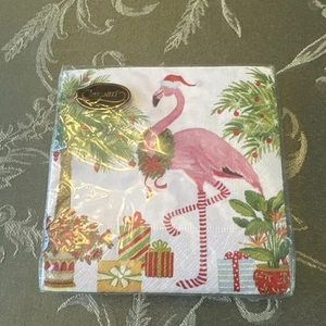caspari paper napkins Square Christmas Flamingo With Santa Hat - Picture 1 of 2