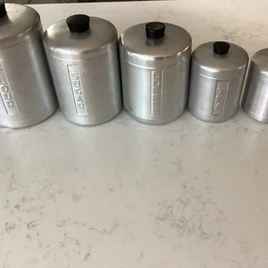 10 Pc. Vintage 1950s Brushed/Spun Aluminum Kitchen Canister Set MCM Retro ITALY - Picture 1 of 13