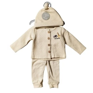 Le Top Baby Outfit Kleidung Größe 3/6M beige Giraffe Langarm Oberteil, Hose und Mütze - Bild 1 von 8