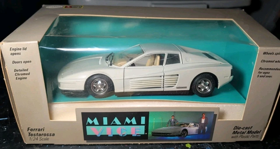 Vintage Testors Burago Miami Vice 1984 Ferrari Testarossa 1/24 DieCast Car w/Box - Image 1 of 4