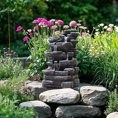  5-Tier Cascading Rock Outdoor Water Fountain with LED Lights and Gray - Image 1 of 4