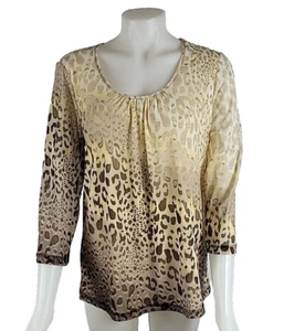 Chicos Diagonal Leopard Shirred Scoop 3/4 Sleeve Yellow Brown Top Sz 3 /US XL 16 - Picture 1 of 5