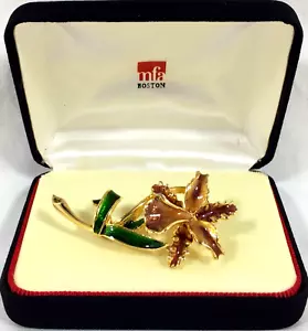 Spilla vintage MFA Museum Fine Art ORCHIDA smalto oro viola verde floreale nuova con scatola - Foto 1 di 12