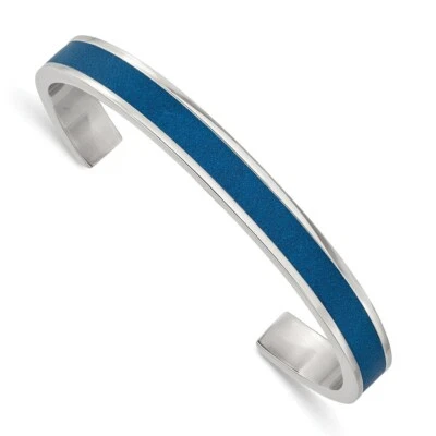 Stainless Steel Polished Blue Leather Inlay 8mm Cuff Bangle - Image 1 of 3