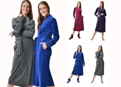 Damen Bademantel Lang Poly-Baumwoll Morgenmantel Saunamantel mit Metalldeko - Bild 1 von 4