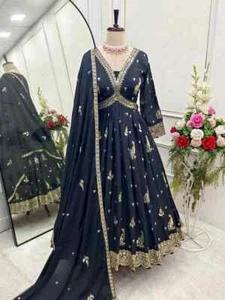 Indian Wear Heavy Chinnon Silk Gown And Bottom With Dupatta For Women - Foto 1 di 11