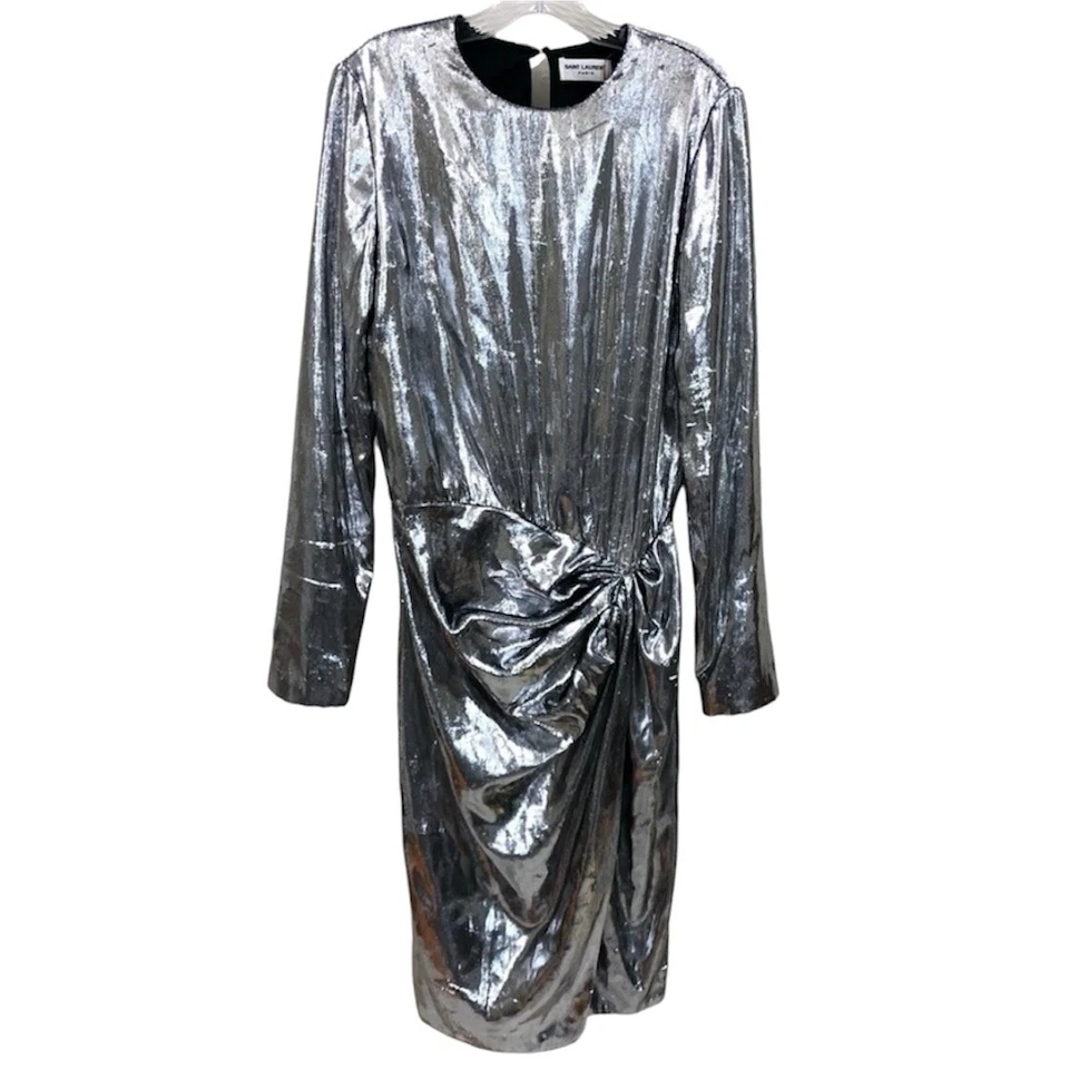 Saint Laurent Womens Silver Draped Waist Faux Wrap Metallic Silk Dress FR 40 - Image 1 of 4