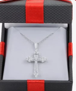 Mined White Diamond Silver Cross Pendant Necklace 1/10 ct - Picture 1 of 4
