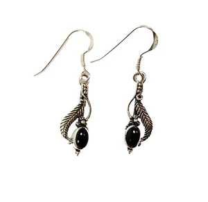 Pendientes de plata con ónix negro pluma plata de ley 925 - Imagen 1 de 4