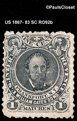 US 1862-1883 SC RO92b WILLIAM GATES & SONS 1¢ BLACK USIR TAX FINE - Image 1 of 2