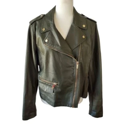 Chaqueta de cuero sintético NY & Co para mujer grande Moto Olive Bomber asimétrica Gorpcore L Foto 1 de 4
