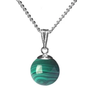 10mm MALACHITE GEMSTONE BEAD / BALL 925 STERLING SILVER PENDANT + CHAIN/NECKLACE - Picture 1 of 1