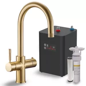 Brushed Brass 4-in-1 Instant Boiling Hot Water Knurl Design Kitchen Tap-Complete - Picture 1 of 10