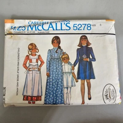 Vtg McCalls Pattern 5278 Girls Dress Apron Laura Ashley Prairie Child 8 CUT 1976 - Image 1 of 4