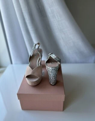 Prada Miu Miu Blush Suede Glitter Heel Slingback Sandals Size 39 MSRP $780 - Image 1 of 4