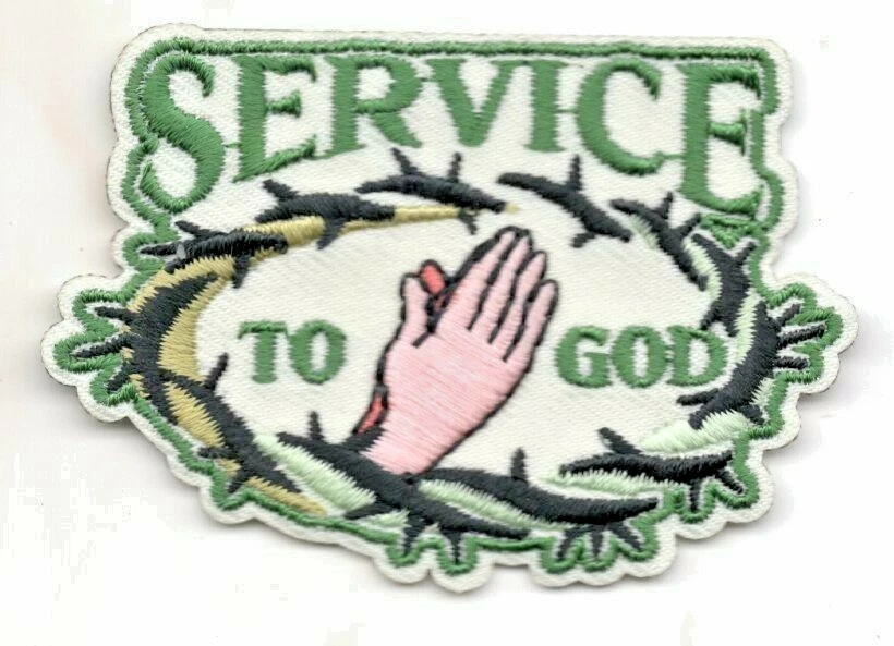 SERVICE TO GOD Iron On Patch Religious Saying  - Image 1 of 1