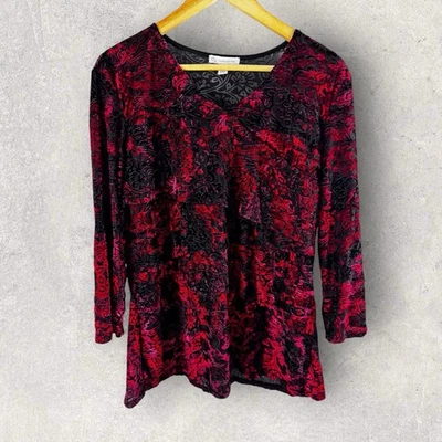 Dressbarn Velvet Burnout Tiered Top Grunge Whimsigoth Size XL Red Black Vamp - Image 1 of 4