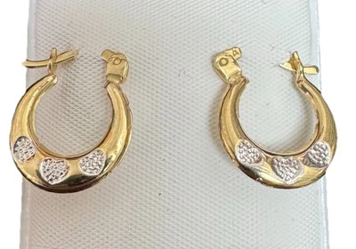 Real 10K Two-Tone Gold Fancy Hoop Heart EARRINGS - Image 1 of 2