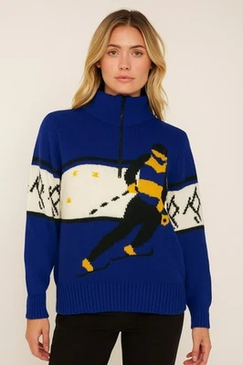 Suéter de esquí Obermeyer vintage años 70 para mujer M azul mezcla de lana media cremallera estilo nórdico Foto 1 de 4