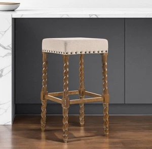 30" Cream And Natural Solid Wood Backless Bar Height Bar Chair - Picture 1 of 4