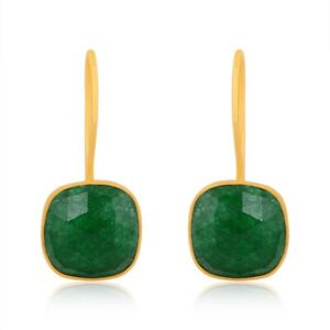 Cushion Cut Aventurine Wire Hook Earrings In Yellow Gold For Mother's Day Gift