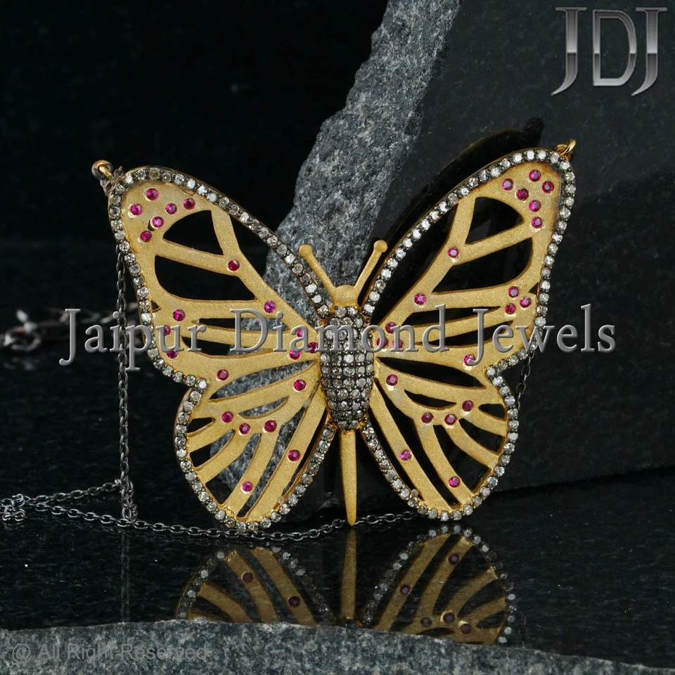 Collar de cadena con dije de mariposa de plata 925 con piedras preciosas de rubí de diamantes naturales joyería Foto 1 de 4