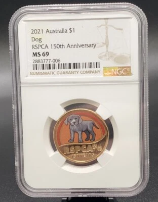 2021 AUSTRALIA $1 RSPCA 150TH ANNIVERSARY - DOG - NGC MS69 - TOP POP - Image 1 of 4