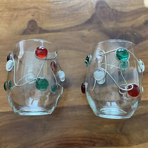 Stemless Wine Glasses With Wire Wrapped Art Glass Beads Set Of 2 Clear Cocktail - Picture 1 of 14