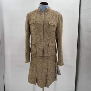Women's Peter Nygard 3 Piece Skirt Suit Set Tan & Blue Vintage 8 - Picture 1 of 6