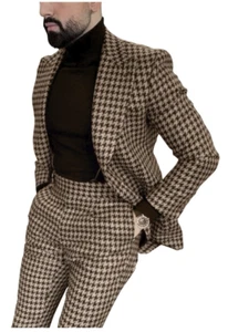 Traje Para Hombre Marrón Pata de Gallo Cuadros Ocio Baile de graduación Novio Esmoquin 2 Piezas Personalizado - Imagen 1 de 8