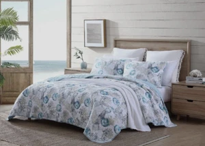 Coastal Quilt Set King Blue Beige Cotton Sea Shell Reversible Bedding Cover GIFT - Picture 1 of 7