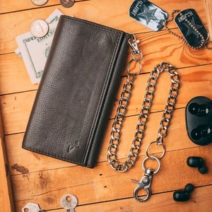 RFID Blocking Wallet Trifold Chain Wallet for Men Dark Brown Leather Wallet JTC - Picture 1 of 8