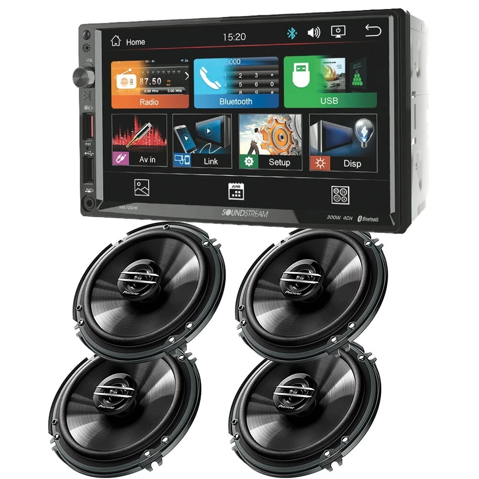 Soundstream Double DIN 7″ Touch Screen Unit & 4 Pioneer 300W 6.5" Car Speakers - Image 1 of 4