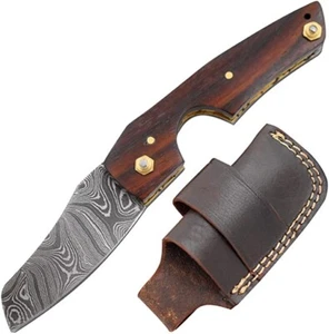 Cuchillo cortador de cigarros de acero Damasco afeitadora afilado palo de rosa con funda de cuero - Imagen 1 de 5