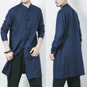 Men Chinese Kung Fu Long Jacket Top Midi Tang Suit Martial Art Shirt Loose Chic - Picture 1 of 20