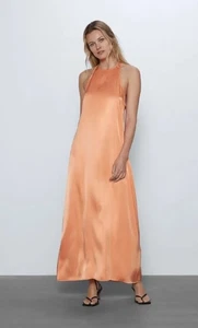 Zara Medium Size 10 Orange Satin Effect Sleeveless Maxi Dress - Picture 1 of 9