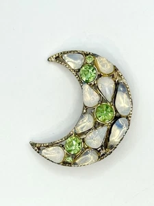 Vtg Celestial Crescent Moon Brooch Pin with Cabochon Opalescent & Green AB Stone - Picture 1 of 7