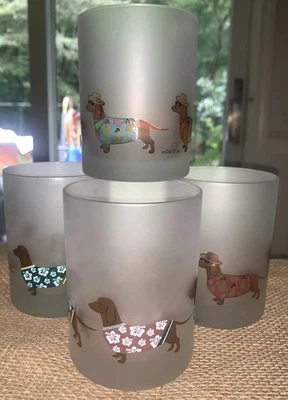 Culver Daschund N Hawaiian Shirts Set 4 Frosted LowBall Glasses 4.25”T 3.25”Diam - Image 1 of 4