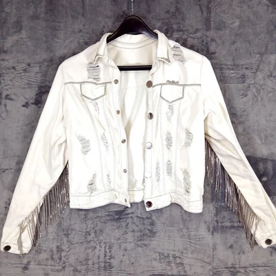 Pit Bull Jeans Jacket Womens 8 White Fringe Rhinestone Distressed Western - Image 1 of 4