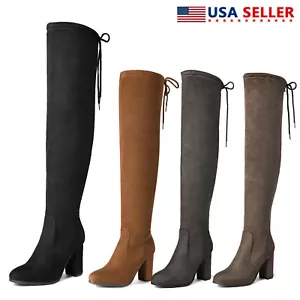 Womens Fashion Thigh High Boots Party Sexy 3.5" Block Heels Over the Knee Boots - Picture 1 of 24