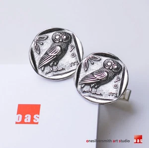 BEST SELLER . Sterling Silver Classic Greek Athena's Owl Coin Cufflinks - Picture 1 of 9