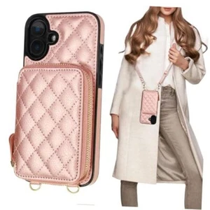 Crossbody Wallet Case for iPhone 16 Plus, RFID Blocking PU Leather Rose Gold - Picture 1 of 7