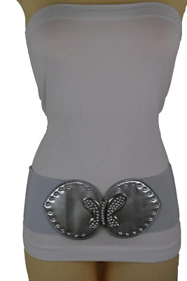 Women Silver Color Faux Leather Wide Elastic Strap Belt Hip Waist Butterfly S M - Image 1 of 4