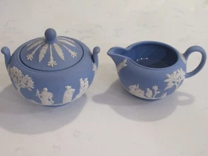 Wedgwood Blue Jasperware Vintage 2 Pc. Set Creamer + Sugar Bowl w/ Lid - Picture 1 of 10