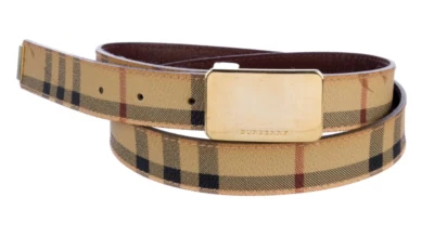 BURBERRY Haymarket Skinny Belt 40/100 Beige Multicolor Check Pattern Gold Buckle - Image 1 of 4