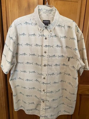 WOOLRICH MENS SIZE XL TAN GREEN SHARK PRINT VERY GOOD  FISH - Image 1 of 4
